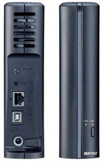 Buffalo DriveStation 2Share external hard drive front and back view.