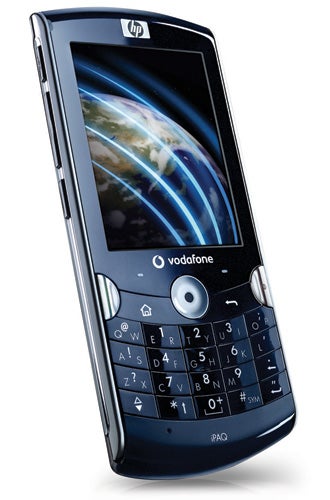 HP iPAQ Voice Messenger smartphone with keyboard on display.