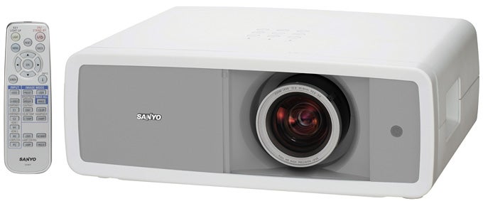 Sanyo PLV-Z700 LCD projector with remote control.