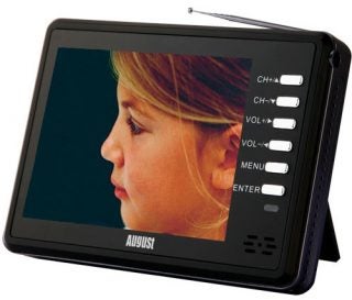 August DTV350C Portable TV displaying a woman's profile.