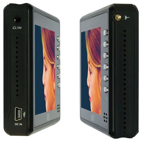 August DTV350C Portable TV shown from two angles.