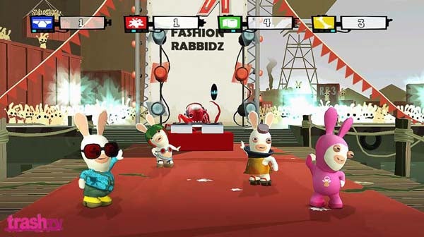 Screenshot of Rayman Raving Rabbids TV Party game with rabbids on runway.