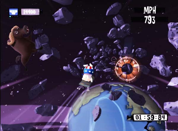 Screenshot of Rayman Raving Rabbids game with characters in space.