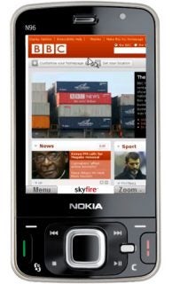 Nokia N96 phone displaying Skyfire Browser with BBC News website.