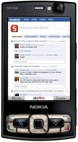 Skyfire Mobile Web Browser displayed on Nokia N95 smartphone.