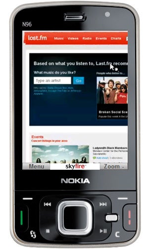Nokia N96 phone displaying Skyfire browser with Last.fm website.
