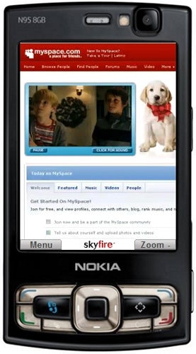 Nokia N95 phone displaying Skyfire Browser with MySpace page.