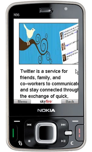 Skyfire Mobile Web Browser displaying Twitter on Nokia N96 phone.