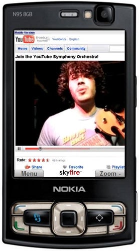 Skyfire Mobile Web Browser displaying YouTube video on Nokia phone.