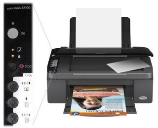 Epson Stylus SX100 printer with control panel and output tray.