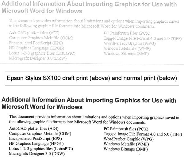 Epson Stylus SX100 print quality comparison and file format information.