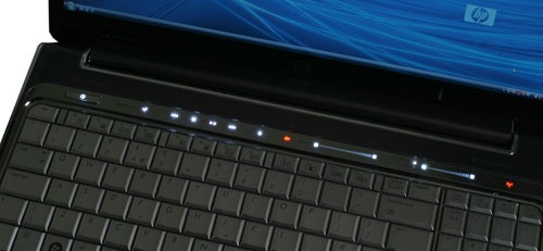 Close-up of HP HDX16-1005EA notebook's keyboard and touch controls.
