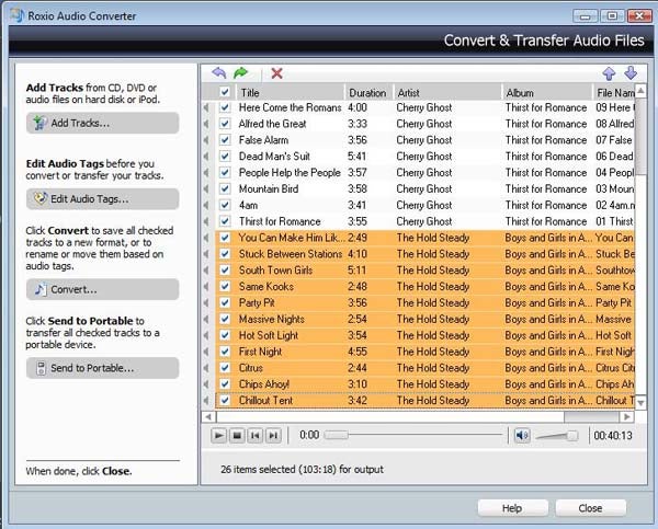 Screenshot of Roxio Creator 2009 audio converter interface.