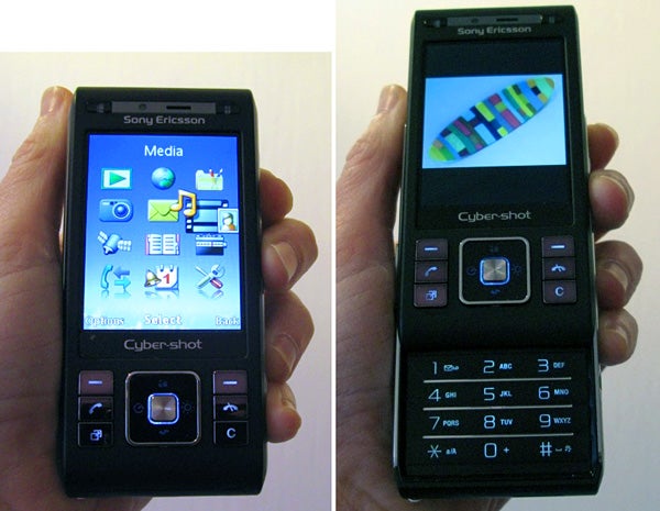 Sony Ericsson C905 phone held in hand displaying screen and keypad.