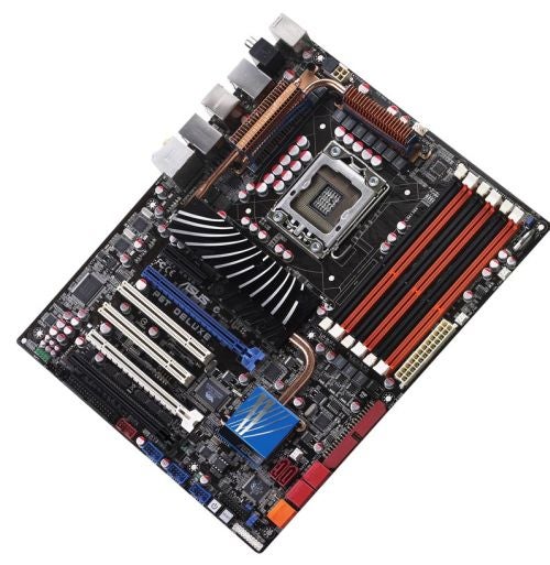 Asus P6T Deluxe motherboard with heatsink and memory slots.