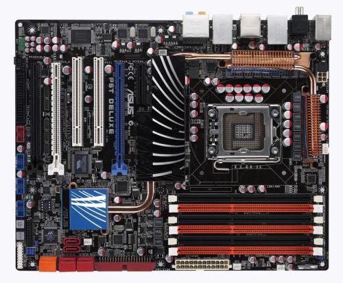 Asus P6T Deluxe motherboard with heat sinks and expansion slots.