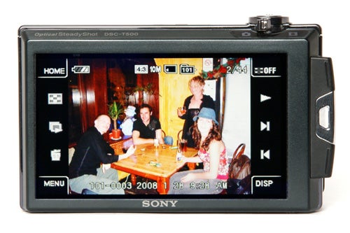 Sony Cyber-shot T500 camera displaying a photo on screen.
