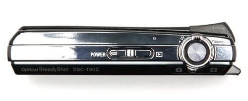 Side view of a Sony Cyber-shot DSC-T500 camera.