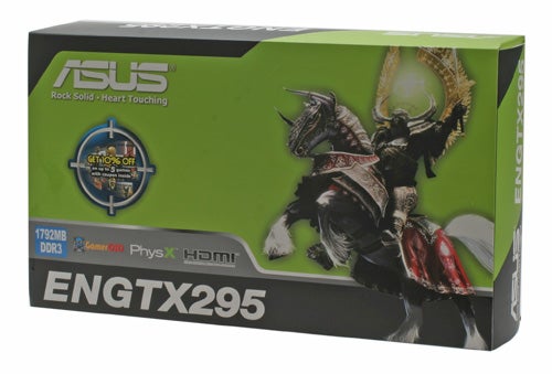 ASUS GeForce GTX 295 graphics card box with knight illustration.
