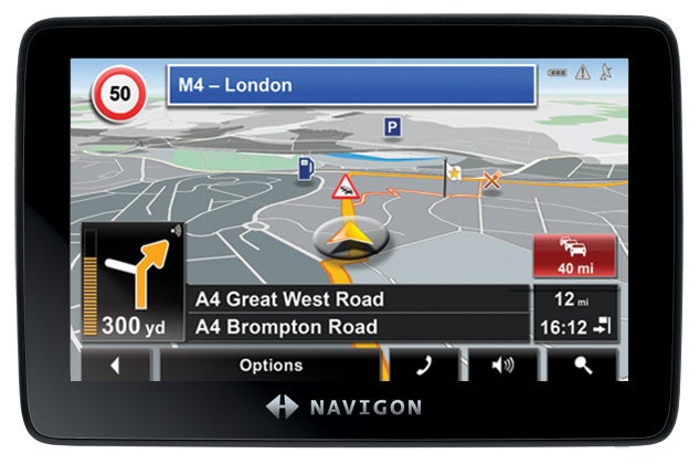 Navigon 7210 Sat-Nav displaying London map and route options.