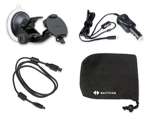 Navigon 7210 Sat-Nav accessories including mount, cables, and case.