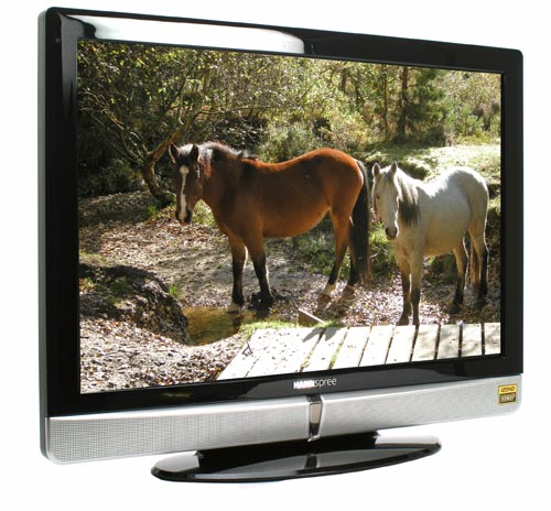 Hannspree HT09 28-inch Full HD TV displaying horse image.