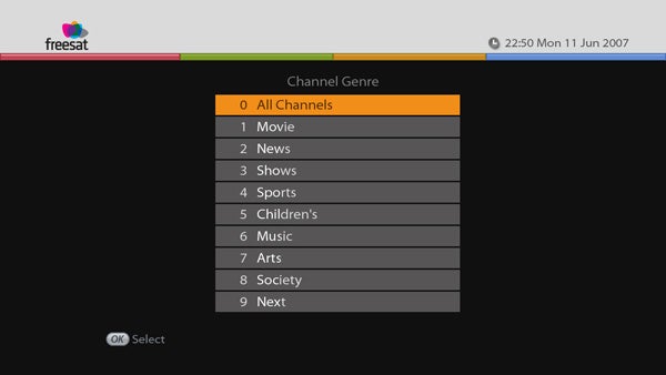 Humax Foxsat-HDR Freesat PVR channel genre menu screen.