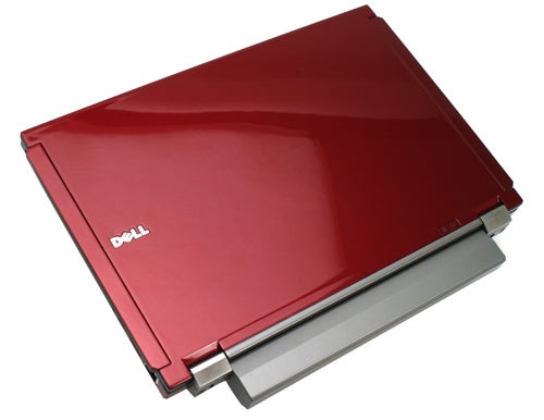 Red Dell Latitude E4200 laptop closed view from above.