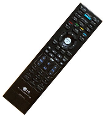 LG BD300 Blu-ray player remote control on white background.