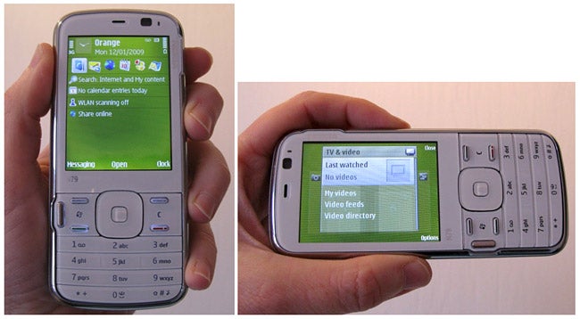 Nokia N79 smartphone displayed in hand, screen showing interface.