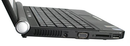 Side view of Lenovo IdeaPad S10e showing ports and keyboard.