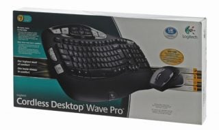 Logitech Cordless Desktop Wave Pro packaging with keyboard and mouse image.