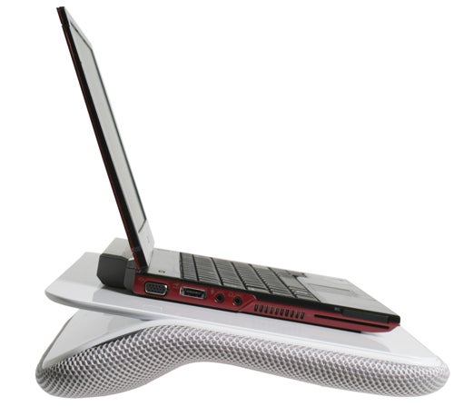 Logitech Comfort Lapdesk with a laptop on it.