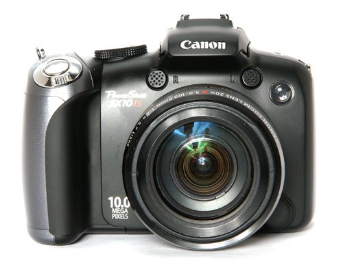 Canon PowerShot SX10 IS digital camera on white background.