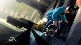 Skateboarder performing trick in Skate 2 video game