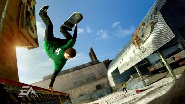 Skater performing trick in Skate 2 video game scene.