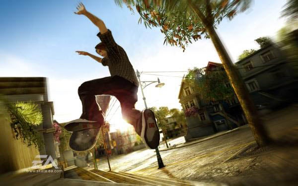 Skateboarder performing a trick in Skate 2 video game