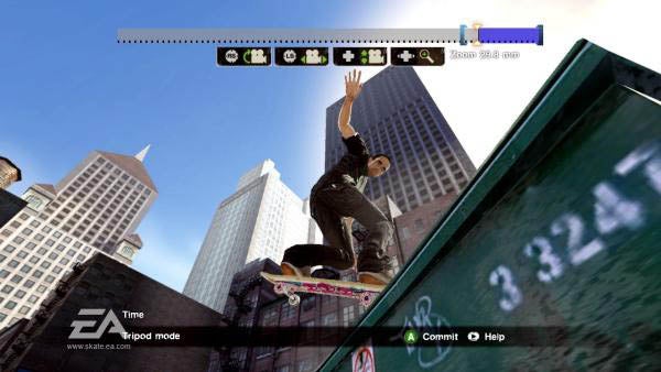 Skateboarder performing a trick in Skate 2 video game.