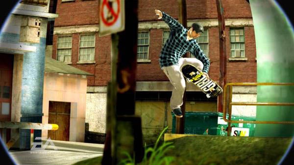Skateboarder performing a trick in Skate 2 video game.