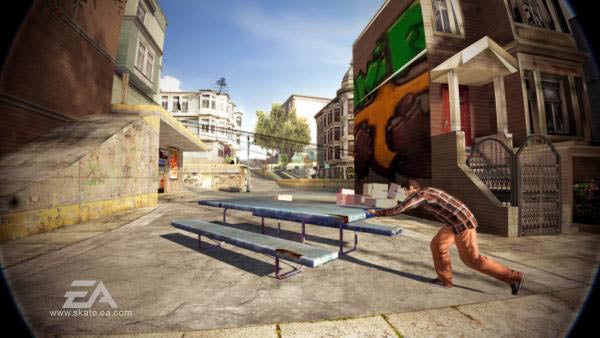 Skateboarding video game screen capture with urban setting.