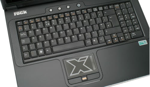 Rock Xtreme 780 gaming laptop keyboard and touchpad.