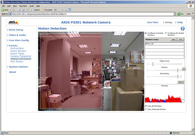 Axis P3301 camera interface showing motion detection setup.