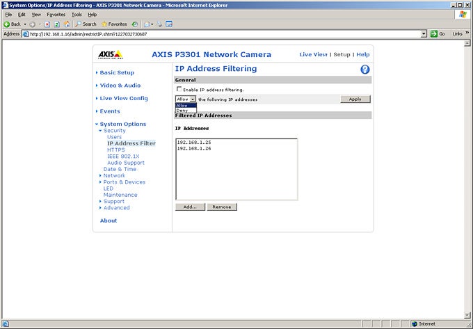Screenshot of Axis P3301 camera IP address filtering settings.