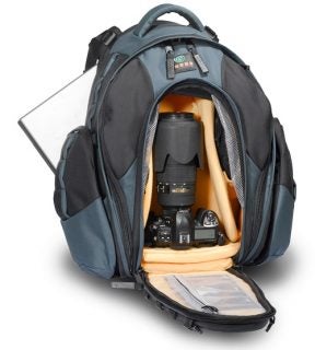 Kata R-106 camera rucksack with professional camera gear inside.