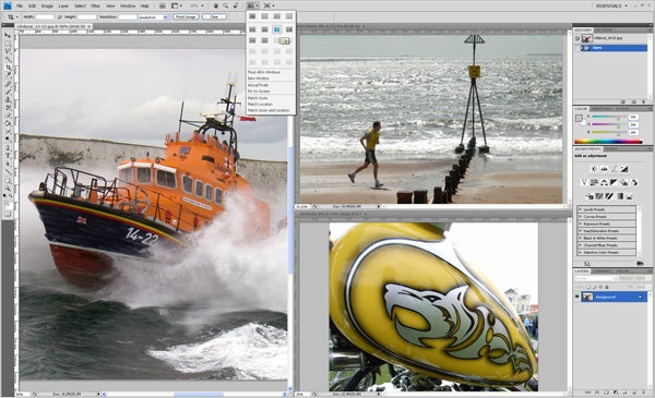Adobe Photoshop CS4 interface with multiple image editing windows.
