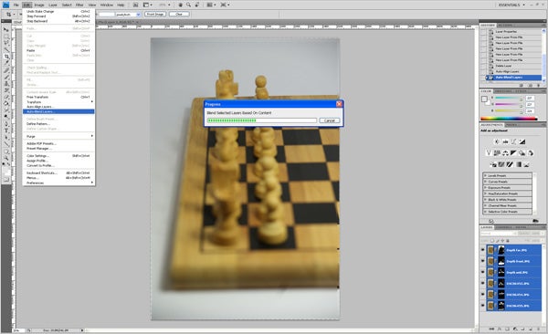 Adobe Photoshop CS4 interface showing a chessboard image being edited.