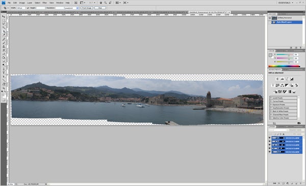 Adobe Photoshop CS4 interface with panoramic image being edited.