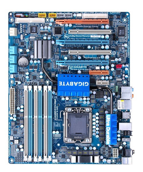 Gigabyte GA-EX58-UD4P motherboard overview without components installed.