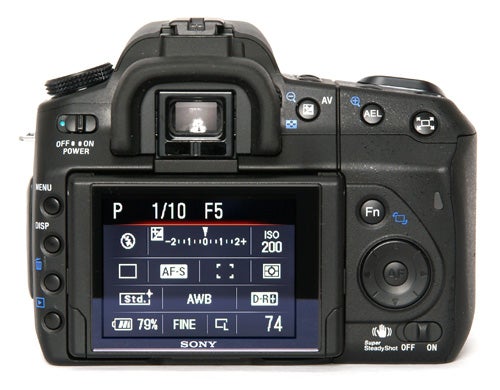 Sony Alpha A300 camera showing settings on LCD screen.