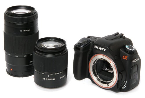 Sony Alpha A300 DSLR camera with two interchangeable lenses.